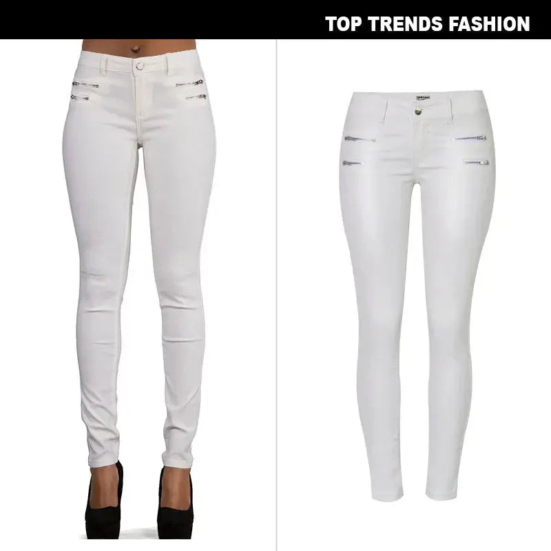 Pantalón de mujer de talle bajo, pantalones elásticos ajustados con doble cremallera, pantalones de piel sintética blancos para mujer MedSurgery Store For Digital Health