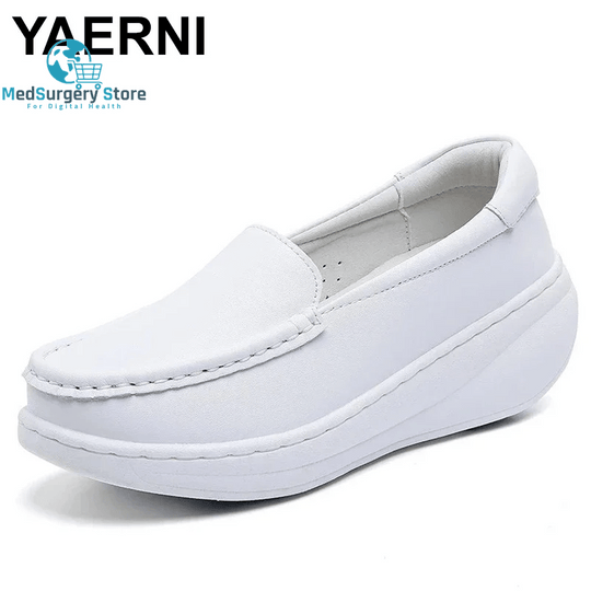 YAERNI Working Women'S Shoes Increased Muffin Shallow Mouth Breathable White Shoes Casual Korean Leather Nurse Shoes Zapatillas